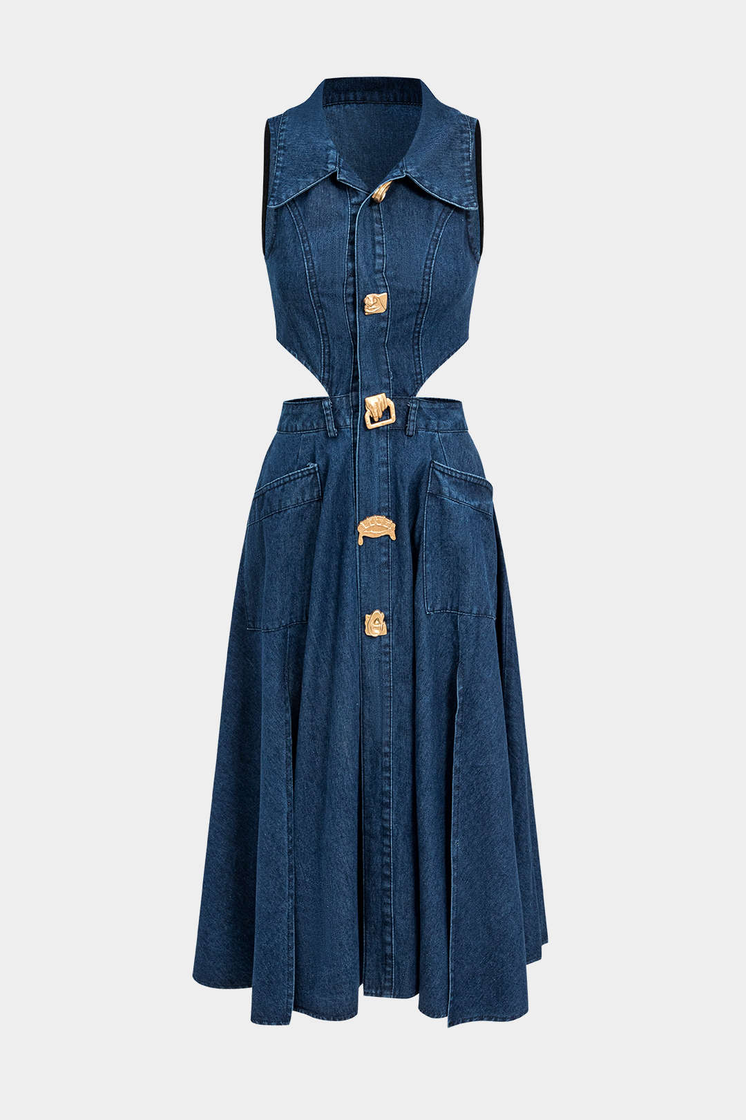 Alia | Cut-Out Sleeveless Lapel Denim Dress