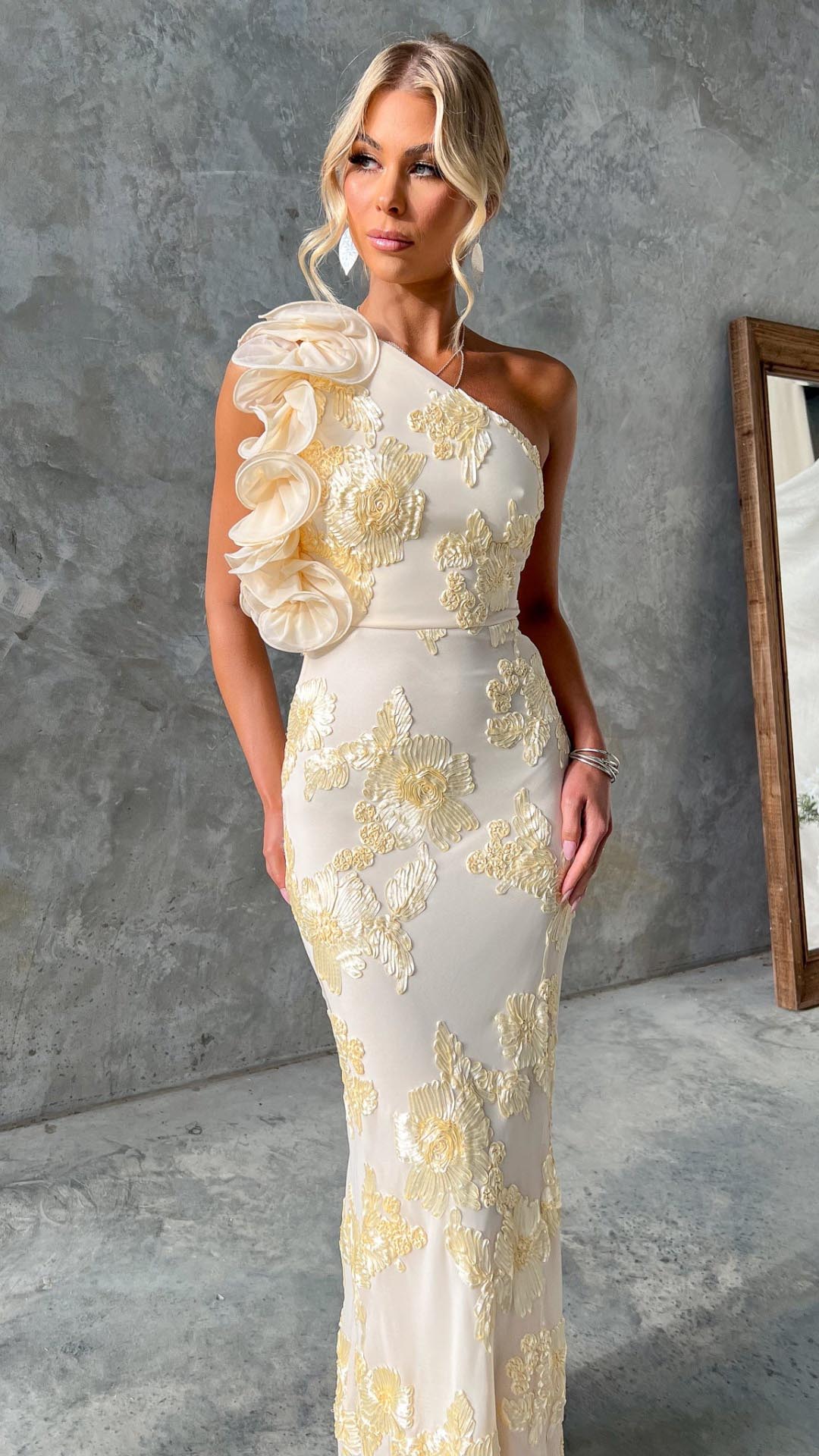 Celeste | One-Shoulder Embroidered Mesh Maxi Dress