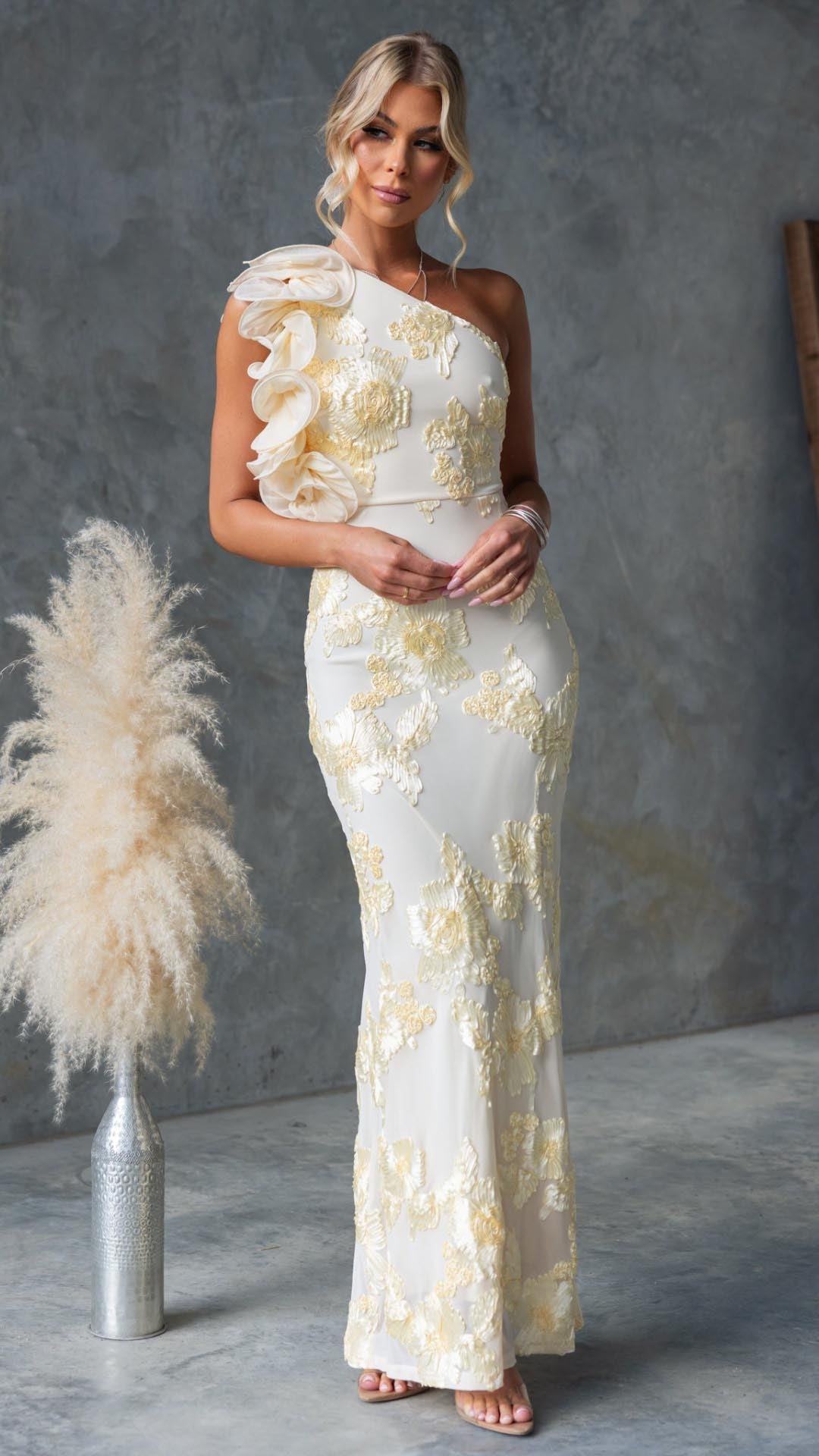 Celeste | One-Shoulder Embroidered Mesh Maxi Dress