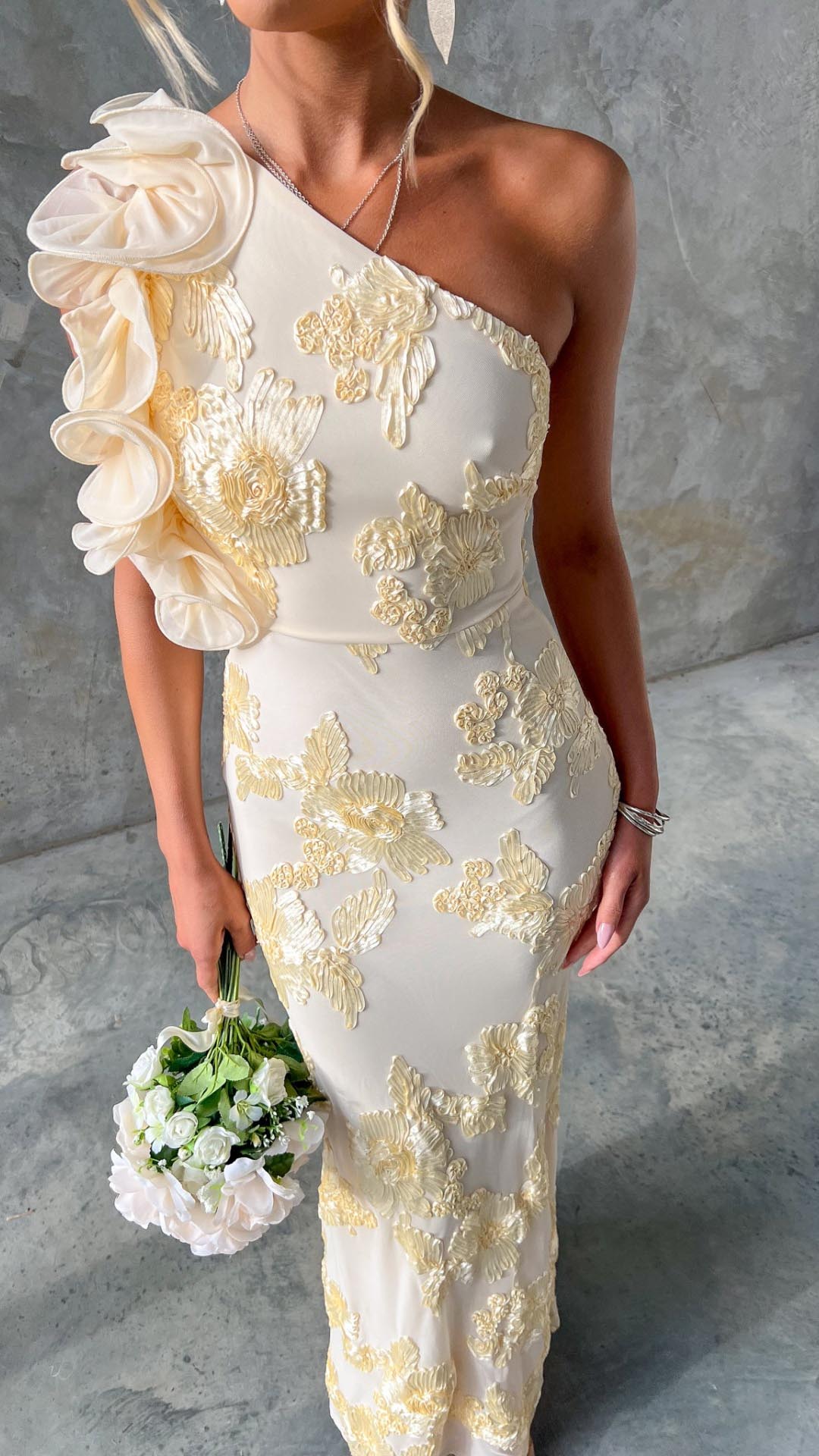 Celeste | One-Shoulder Embroidered Mesh Maxi Dress
