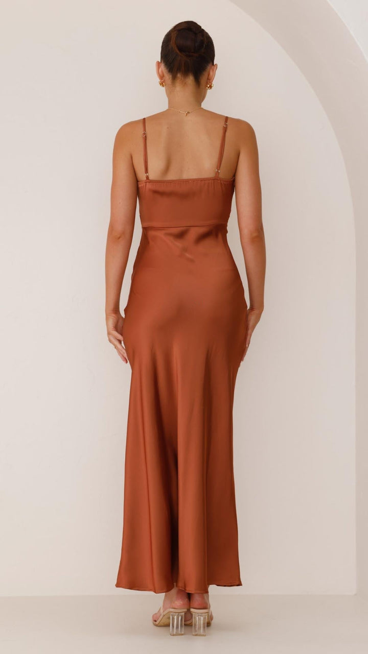 Elena | Pleated Waist Satin Maxi Dress