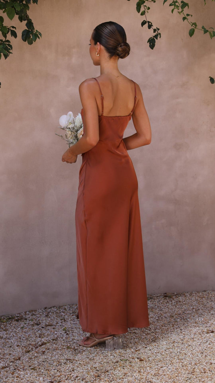Elena | Pleated Waist Satin Maxi Dress