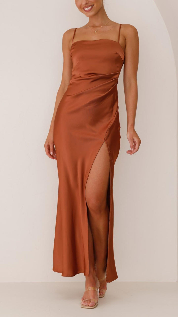 Elena | Pleated Waist Satin Maxi Dress