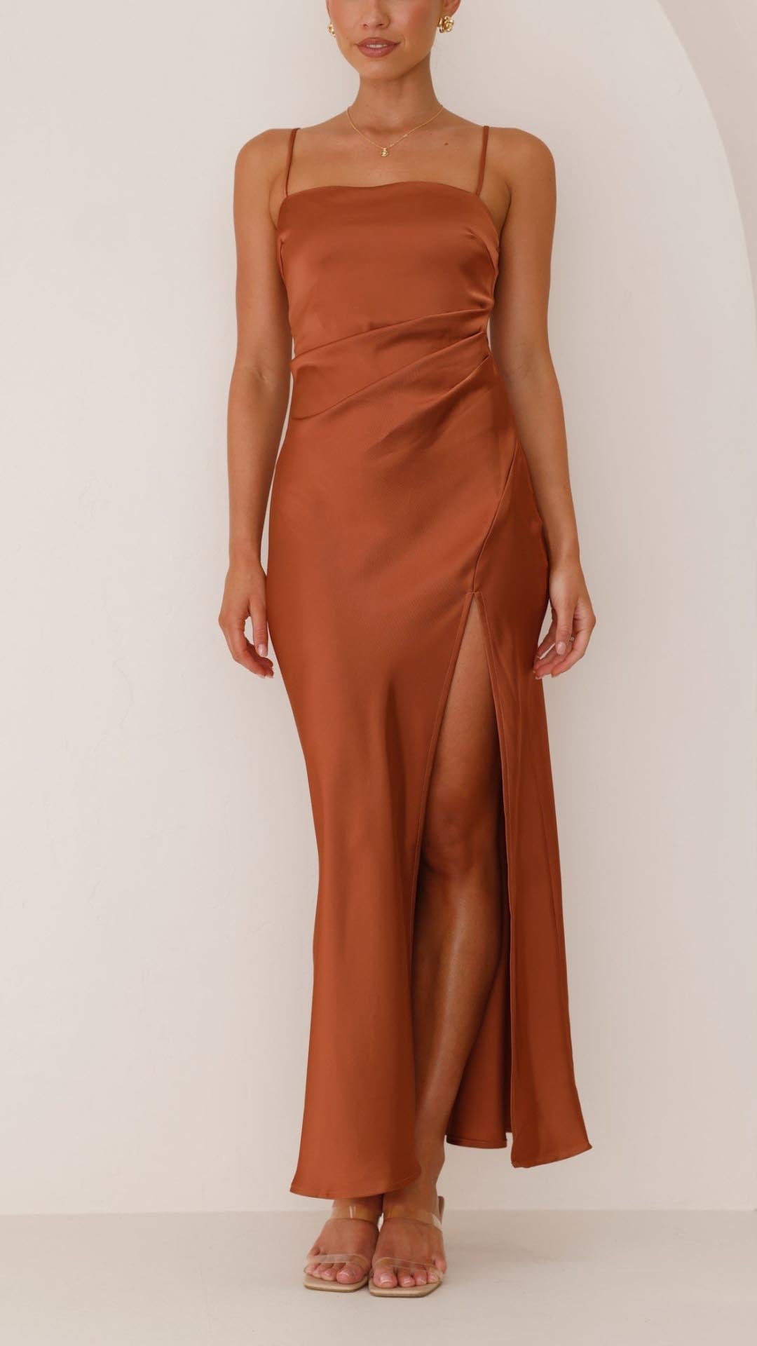 Elena | Pleated Waist Satin Maxi Dress