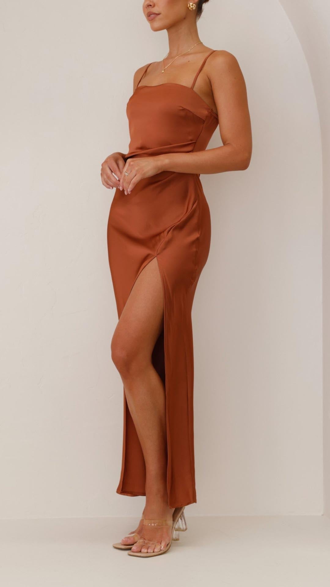 Elena | Pleated Waist Satin Maxi Dress