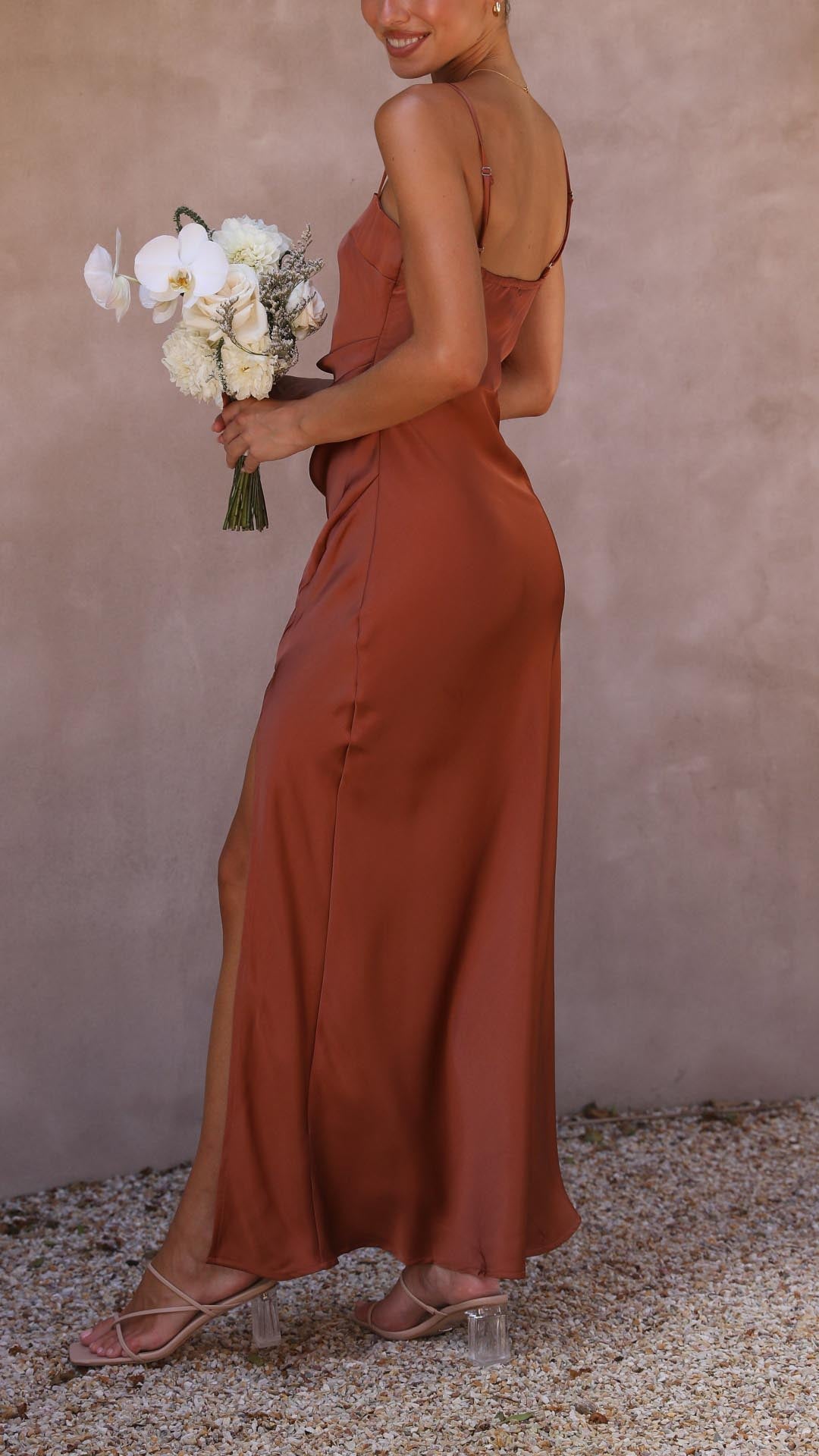 Elena | Pleated Waist Satin Maxi Dress