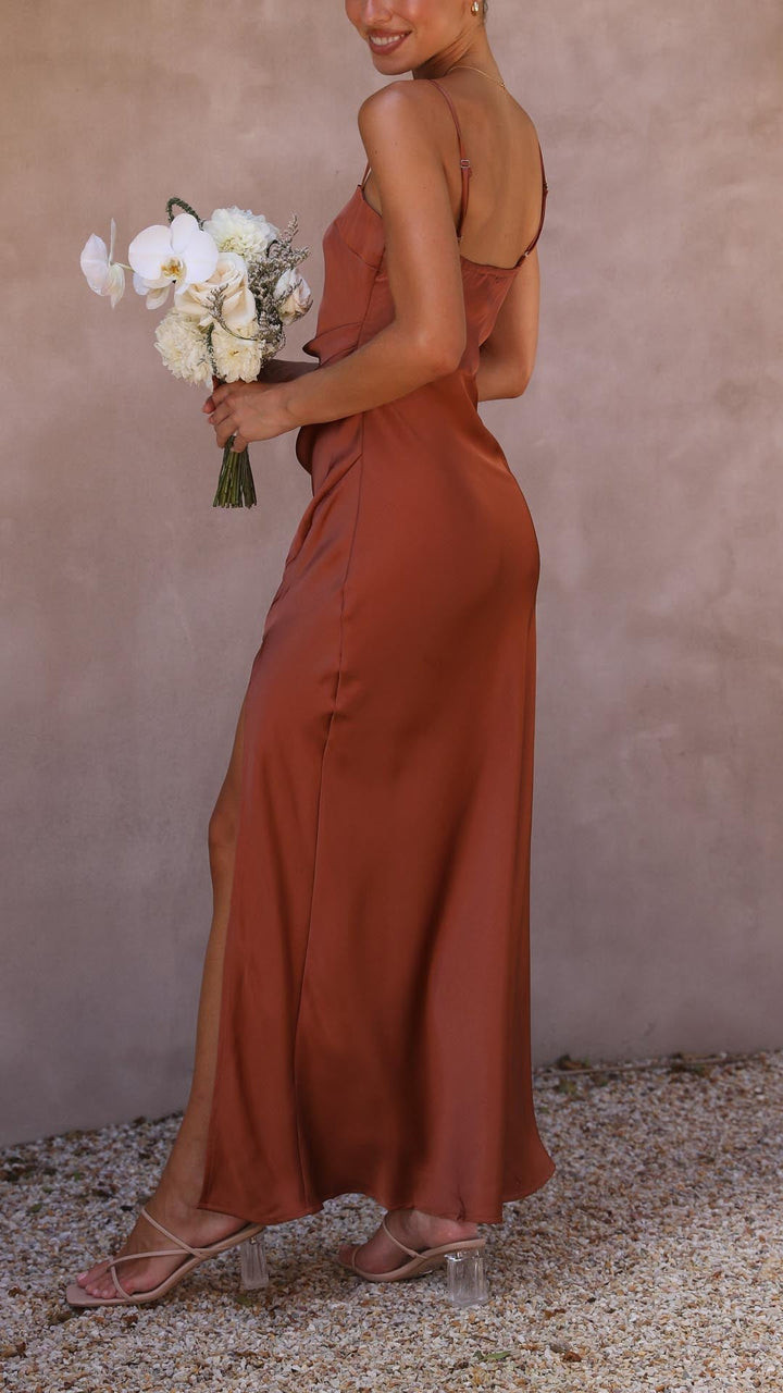 Elena | Pleated Waist Satin Maxi Dress