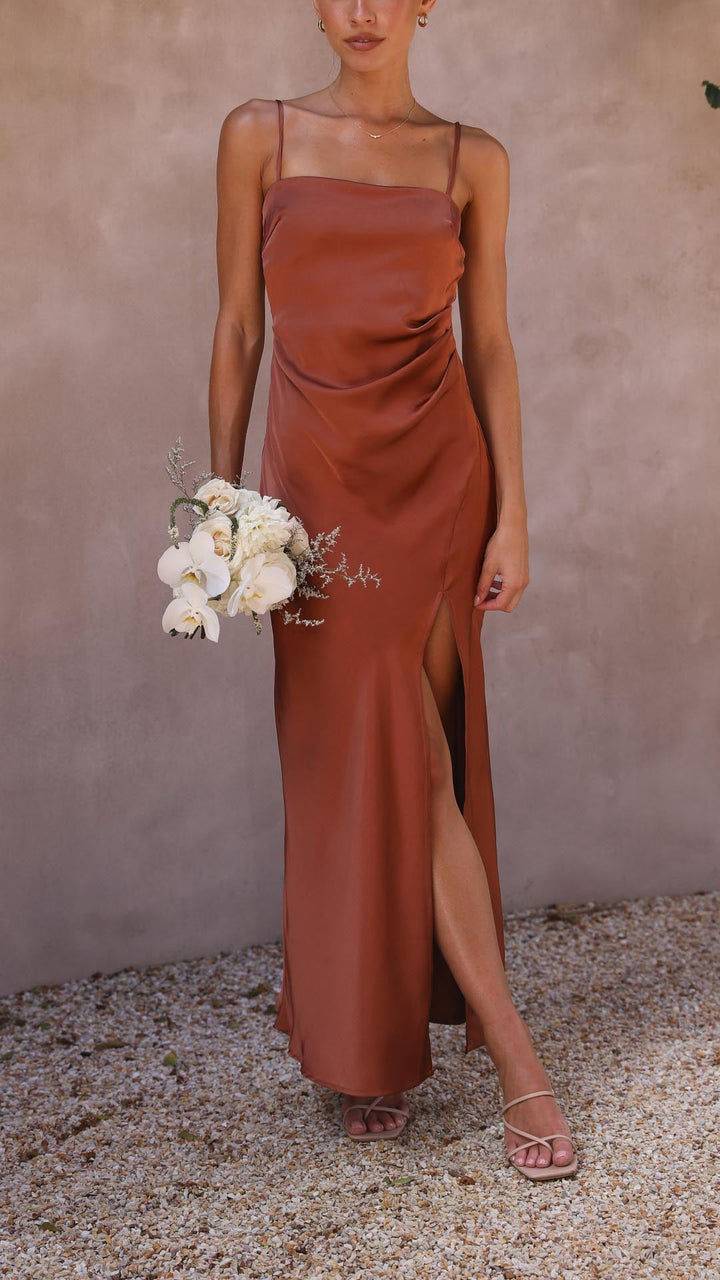 Elena | Pleated Waist Satin Maxi Dress