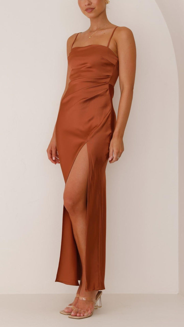 Elena | Pleated Waist Satin Maxi Dress