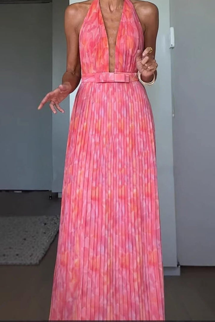 Isla | Pleated Halter Backless Maxi Dress