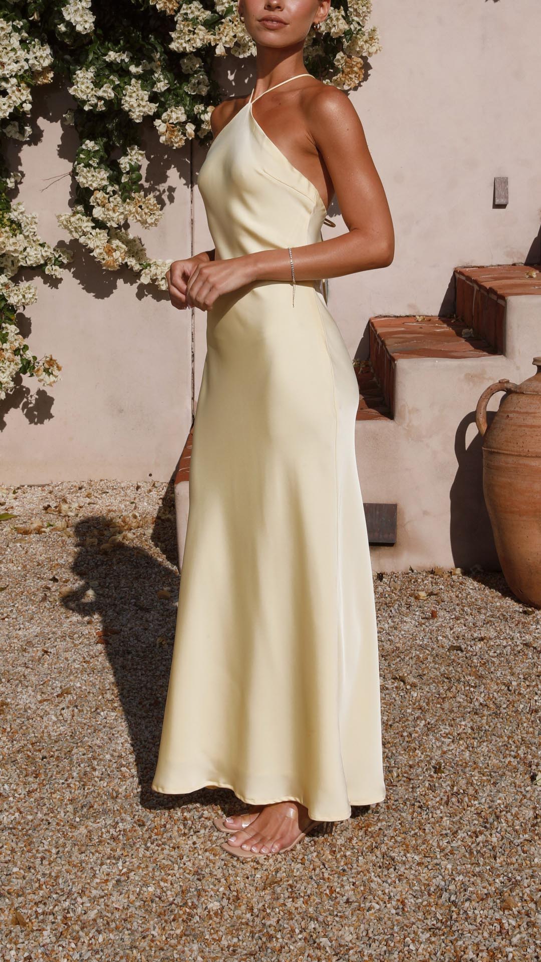 Lena | Yellow Halter Tie-Back Maxi Dress