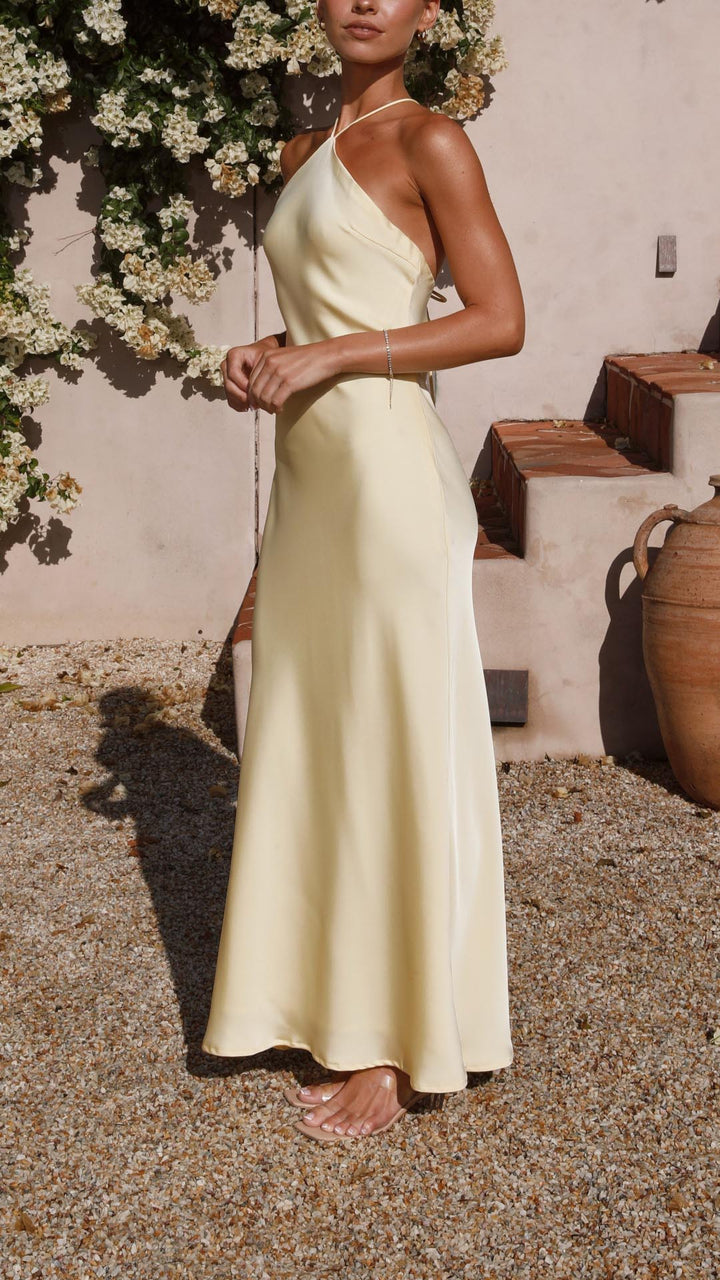Lena | Yellow Halter Tie-Back Maxi Dress