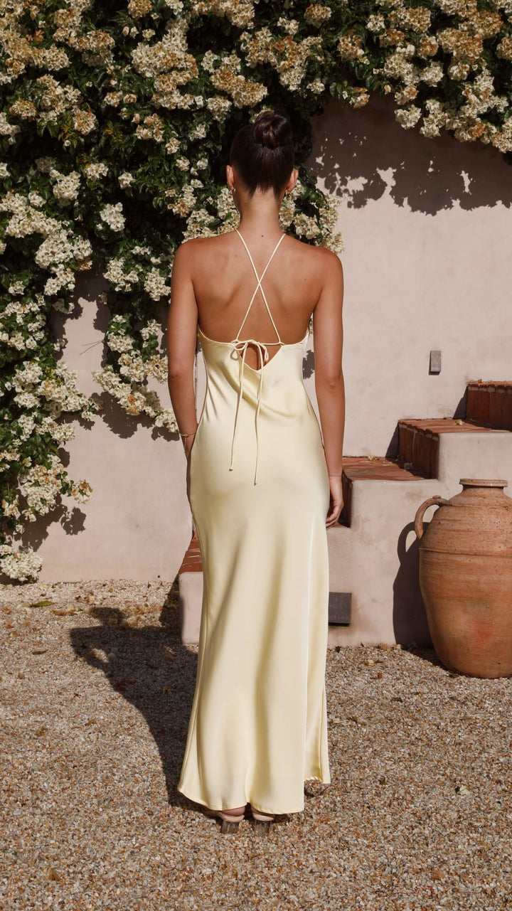 Lena | Yellow Halter Tie-Back Maxi Dress