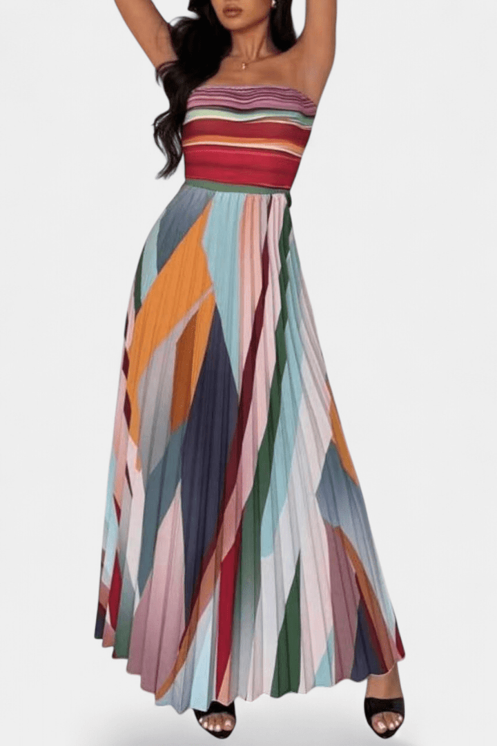 Leticia | Off-Shoulder Pleated Multicolour Maxi Dress