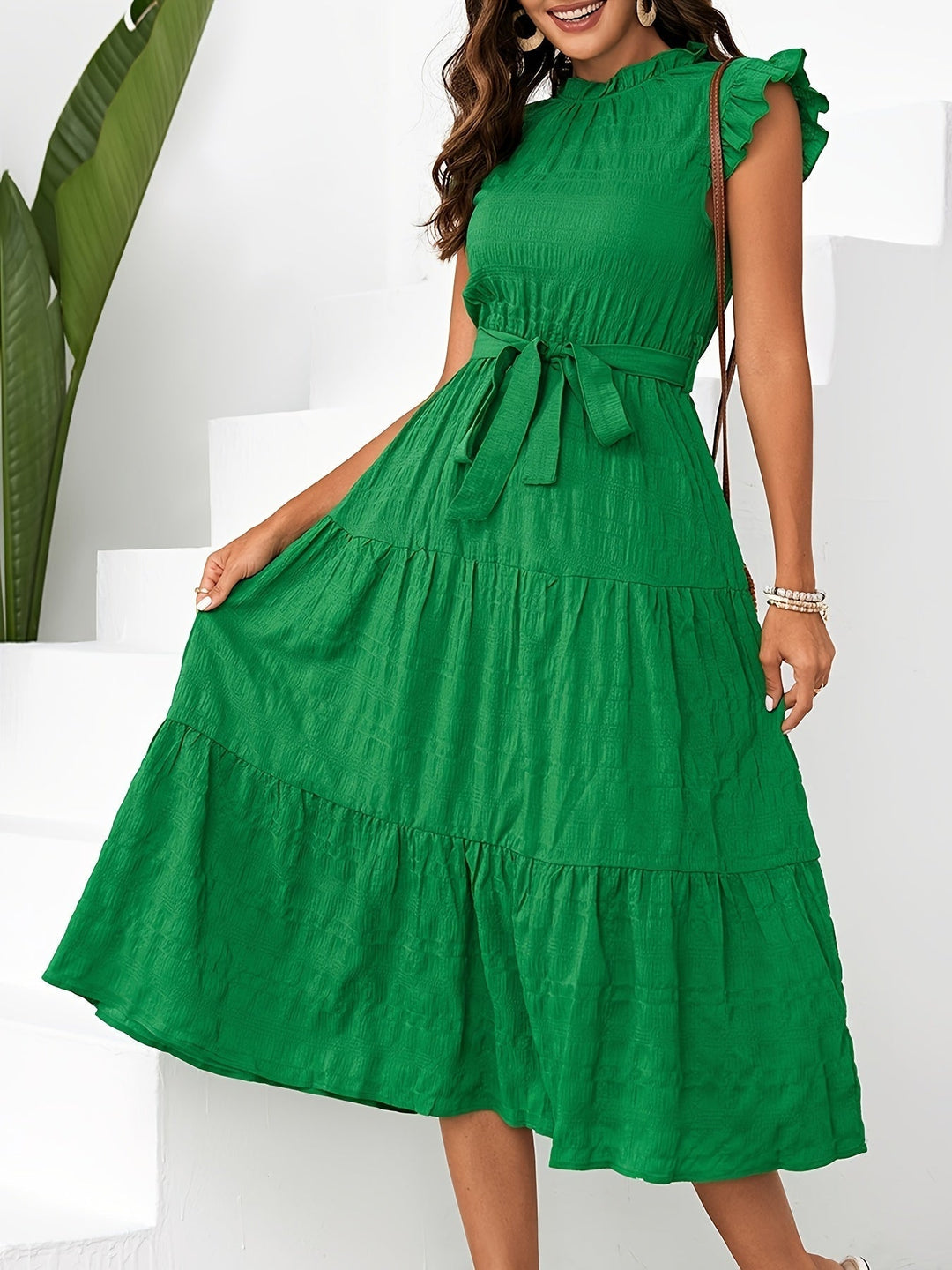 Lily | Belted Ruffle Mock Neck Dress