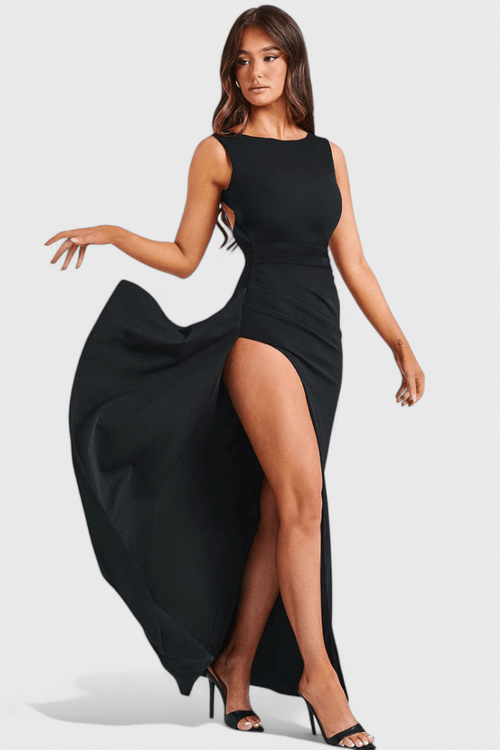 Marion | Satin Open Back Gown with High Slit