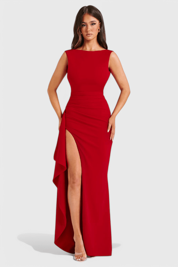 Marion | Satin Open Back Gown with High Slit