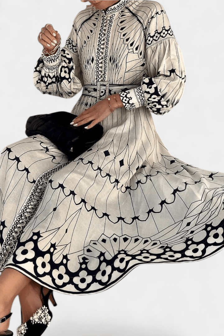 Soria | Embroidered Folk Print Button Maxi Dress