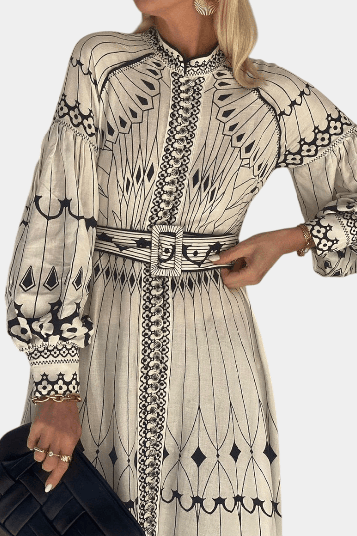Soria | Embroidered Folk Print Button Maxi Dress